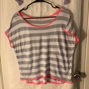 Grey and white striped shirt with hot pink o-line.